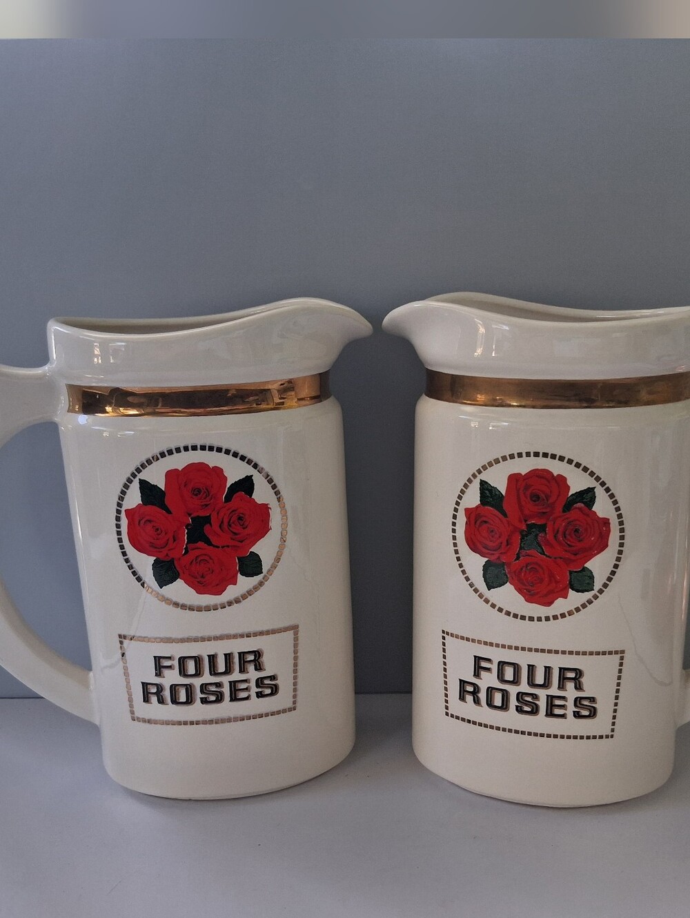 Four Roses Collectible Ceramic Pitcher Set with Red Rose Motif Amd Gold Trim